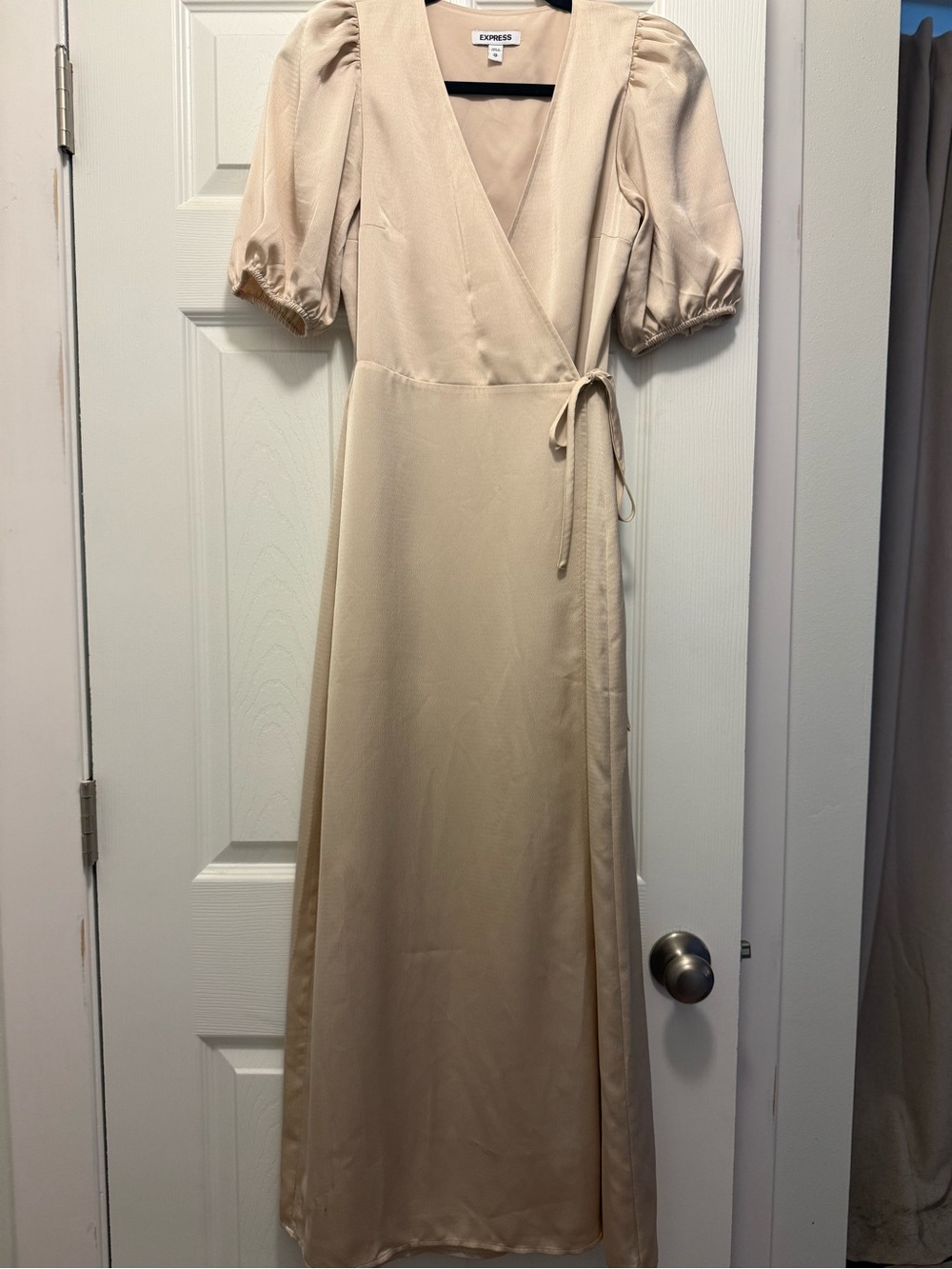 Express Cream Wrap Maxi Dress with Puff Sleeves